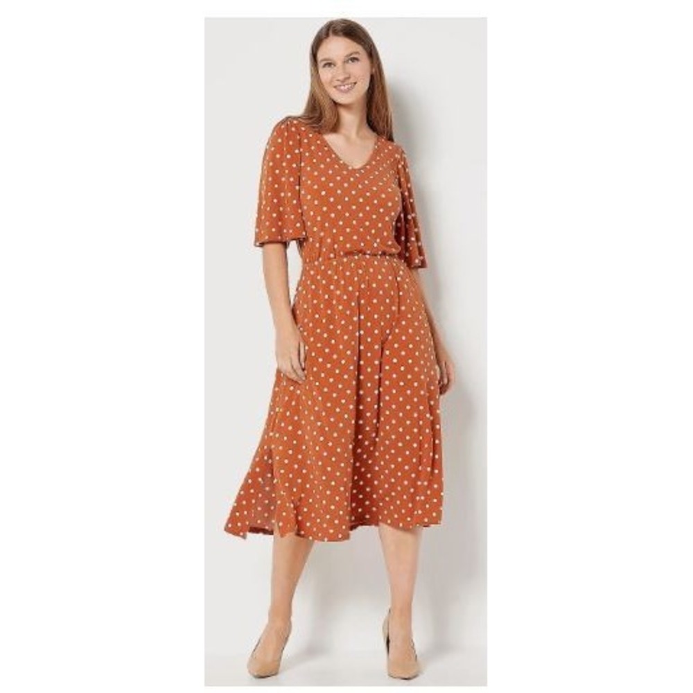 Girl With Curves Plus Size 1X Midi Dress Burnt Orange Polkadot Flutter Sleeves